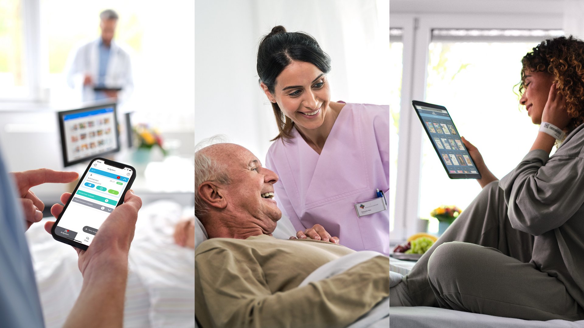 Collage aus drei Bildern: Pfleger bedient Service Call auf Smartphone, Pflegerin und Patient lachen, Patientin liest eMagazines von sharemagazines auf iPad