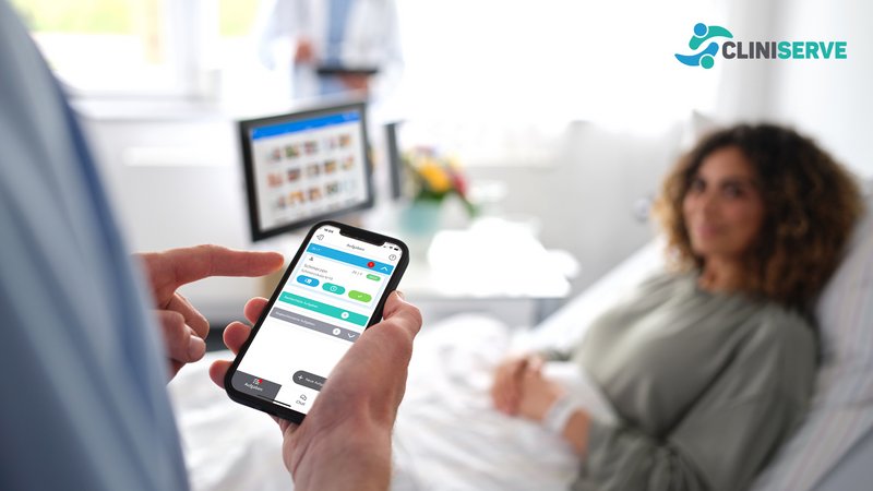 Digitale Patientenkommunikation: Pfleger steht am Patientenbett einer jungen Frau und bedient Smartphone mit dem Service Call.