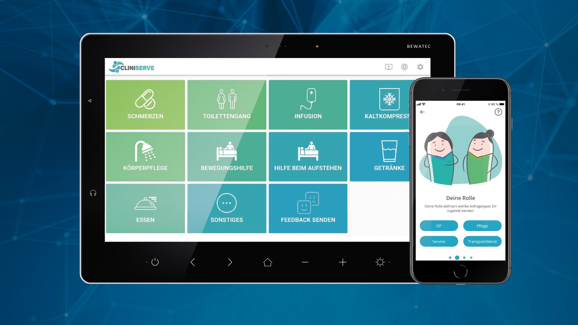 Screenshot von CLINISERVE Service-Call auf BEWATEC Tablet und Smartphone